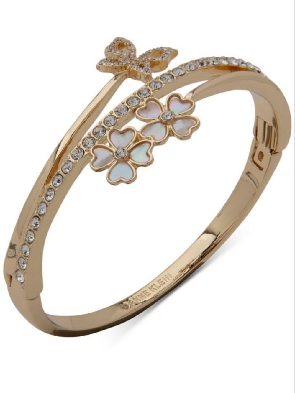 Anne Klein Gold-Tone Pave Butterfly & Mother-of-Pearl Flower Bangle Bracelet